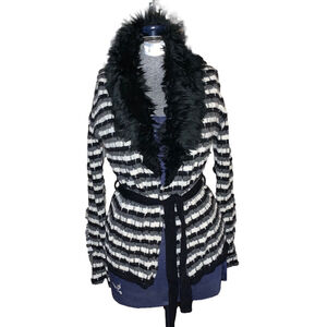 KOOKAI Cardigan Sweater belted Size 1 Black White stripe